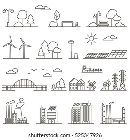 Eco City in Linear Style - solar panels, wind turbines, green house, energy generator and factory. Ecology and environment concept illustration. Green energy urban design elements.