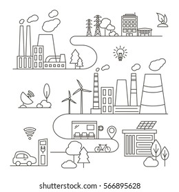 Eco City in Linear Style - Solarpaneele, Windturbinen, grünes Zuhause, Energieerzeuger und Fabrik. Illustration von Ökologie und Umweltkonzepten. Elemente der städtischen Gestaltung umweltfreundlicher Energie.