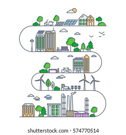 Eco City in Linear Style - solar panels, wind turbines, green home, energy generator and factory. Ecology and environment concept illustration. Green energy urban design elements.