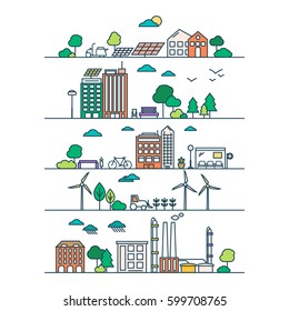 Eco City in Linear Style - solar panels, wind turbines, green home, energy generator and factory. Ecology and environment concept illustration. Green energy urban design elements.