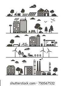Eco City in Linear Style - solar panels, wind turbines, green house, energy generator and factory. Ecology and environment concept illustration. Green energy urban design elements.