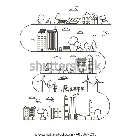 Eco City in Linear Style - solar panels, wind turbines, green home, energy generator and factory. Ecology and environment concept illustration. Green energy urban design elements.