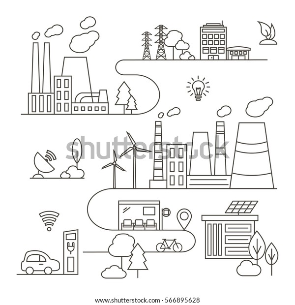 Eco\
City in Linear Style - solar panels, wind turbines, green home,\
energy generator and factory. Ecology and environment concept\
illustration. Green energy urban design\
elements.