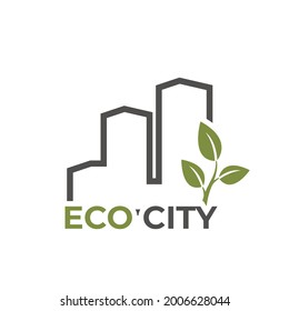 Eco City Logo. Environmen, Eco Friendly Building Symbol. Skyscrapers And Plant Sprout. Vector Green Color Image