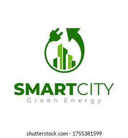 Eco city logo template. Smart city logotype. Green city logo. Eco building tower with power plug and recycle arrow. Eco energy.