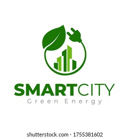 Eco City Logo Template. Smart City Logotype. Green City Logo. Eco Building Tower With Power Plug And Leaf. Eco Energy.