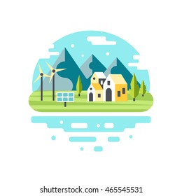 Eco city modern design. Alternative energy concept. Countryside scenery with mountains, lake and country houses. Eco tourism.