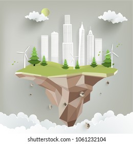 Eco city with modern design paper art style. beautiful views with hills, buildings, towers, family, trees, and windmills.