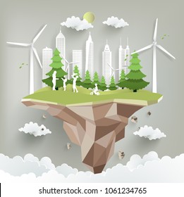 Eco city with modern design paper art style. beautiful views with hills, buildings, towers, family, trees, and windmills.