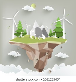 Eco city with modern design paper art style. beautiful views with hills, buildings, towers, family, trees, and windmills.
