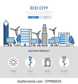 Eco city nature friendly ecology concept flat line art vector icon. Modern website infographics illustration hero image web banner printed material. Line art collection.