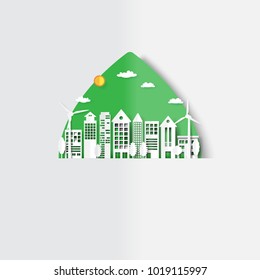 Eco city on green leaf background.Paper art of ecology and environment conservation creative idea concept design.Vector illustration.