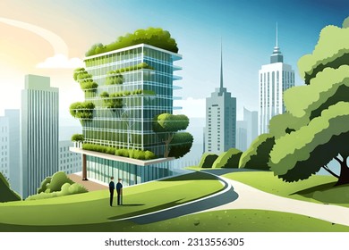 Ciudad ecológica, panorama de la ciudad ecológica, edificios verdes, concepto de ciudad verde