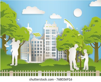 Eco city paper art. Modern town origami concept. Green technology idea. Ecology and environment save vector illustration