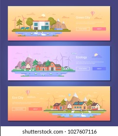 Eco City - Set Of Modern Flat Design Style Vector Illustrations On Orange And Lilac Background With Place For Your Text. Compositions With Windmills, Mountains, Solar Panels, Farm Animals, Pond, Birds