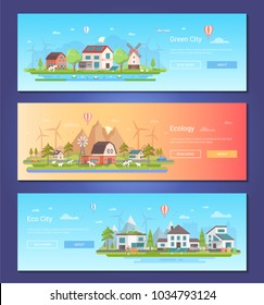 Eco city - set of modern flat design style vector illustrations with place for your text. Three high quality banners on ecological theme with houses , windmills, mountains, solar panels, pond, people