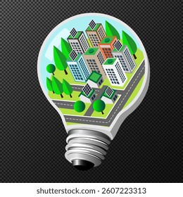 eco city, settlement in a light bulb, transparent background