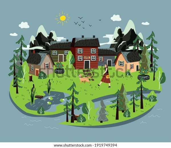 Eco city, small town or village\
with Scandinavian houses, trees, cars, flower beds and a\
lake