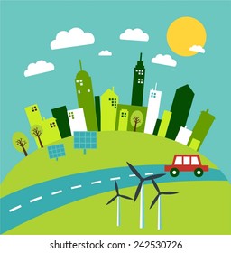 eco city with solar panels illustration