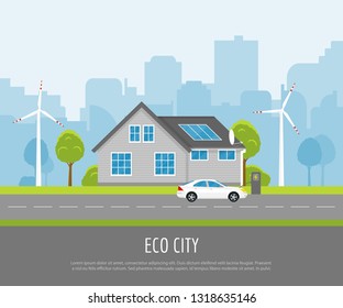 Eco city with solar panels, wind turbines and electric car charging at the charger station on the street. Modern city with environmentally friendly electricity suppliers.