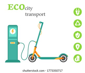 Eco city transport. Charging electric scooter at a-station. Concept of Nature Saving and New Technology. Vector illustration