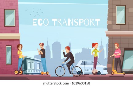 Eco city transport with personal transit devices as scooter two-wheeled electric hoverboard bicycle cartoon vector illustration 