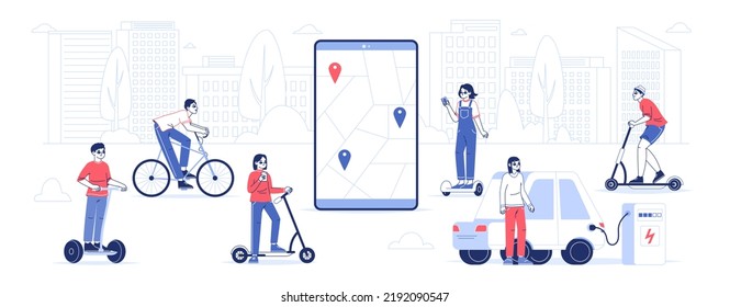 Eco city transport rental service, modern transportation sharing concept. People riding rental electric kick scooters and bicycles flat vector illustration. Vehicle sharing mobile app