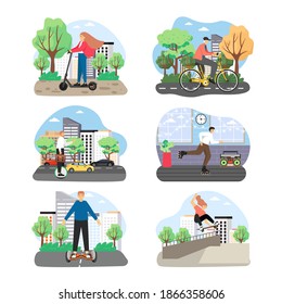 Eco city transport set, flat vector illustration. People roller skating, skateboarding, riding bicycle, kick scooter, monocycle, gyroscooter. Urban self balancing electric scooters. Active lifestyle.