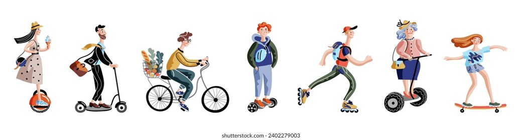 Conjunto de ilustraciones vectoriales de transporte urbano ecológico. Vehículos urbanos modernos. Gente en bicicleta, giroscooter, patines de ruedas, patineta, patineta, monóhel. El concepto de tráfico verde.