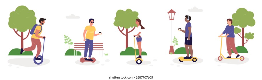 Eco city transportation activity vector illustration set. Cartoon active woman man character riding electric eco friendly transport in public park