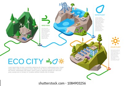 Eco city vector illustration isometric natural energy sources for urban life. Cartoon city landscape with renewable energy supply from nature, solar battery panels, wind and water hydroelectric power