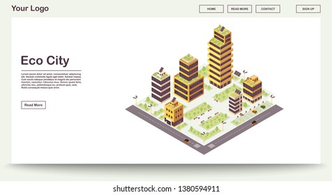 Eco city webpage vector template with isometric illustration. Smart buildings with solar grids. Sustainable houses. Eco friendly, green town. Website interface design. Landing page 3d concept