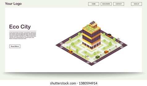 Eco city webpage vector template with isometric illustration. Smart building with solar grids, plants. Green house. Sustainable environment. Website interface design. Landing page 3d concept