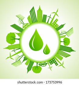 Eco cityscape around water drops stock vector