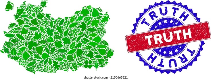 Eco Ciudad Real Province map composition of floral leaves in green color shades and grunge bicolor Truth stamp. Red and blue bicolored stamp with grunge texture and Truth caption.