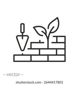 eco clean building materials icon, green building, wall of bricks and leaves, environmentally construction, thin line symbol on white background, editable stroke vector illustration eps10