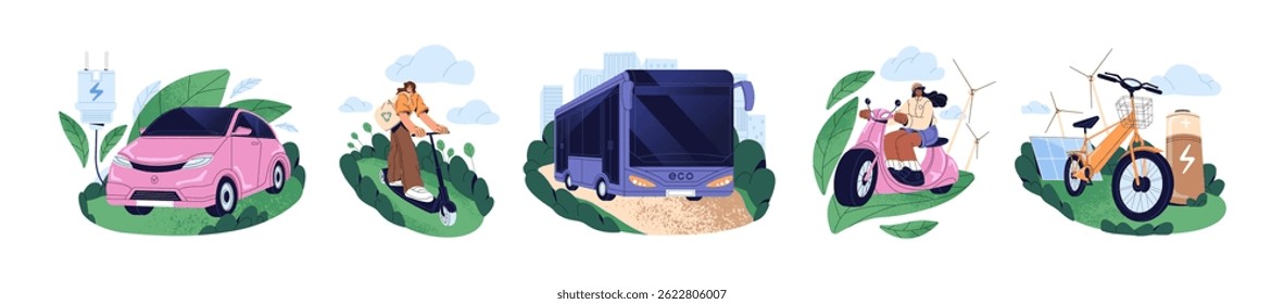 Conjunto de veículos ecológicos ecológicos. Transporte público elétrico, carros elétricos, scooters modernos e bicicletas em energia sustentável. As pessoas dirigem e salvam a ecologia. Ilustrações isoladas planas de vetor em branco