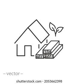 eco clean home icon, wood house with log lumber, timber stack, wooden building material, thin line symbol on white background - editable stroke vector illustration eps10