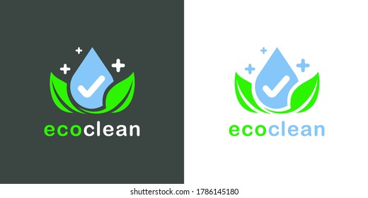 Eco clean logo icon. Green bio wash symbol. Environmentally friendly product emblem. Leaf and waterdrop symbol. Vector illustration.