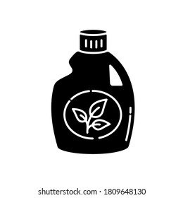 Eco cleaning product black glyph icon. Janitorial supplies, household chores, housekeeping silhouette symbol on white space. Container with environmentally safe detergent vector isolated illustration