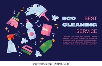 Eco cleaning service poster. Equipment and accessories collection for cleaning home. Bucket, cleaning supplies, bottles, spray, brush, gloves. Housework concept. Vector illustration isolated