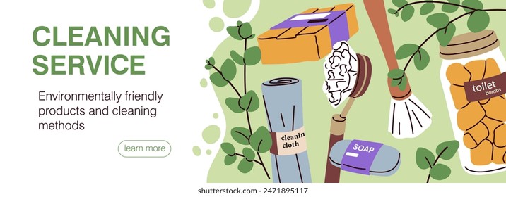 Eco cleaning service, web banner. Green eco-friendly household products, natural ecological supplies, website design. Bio organic sustainable detergents, online background. Flat vector illustration