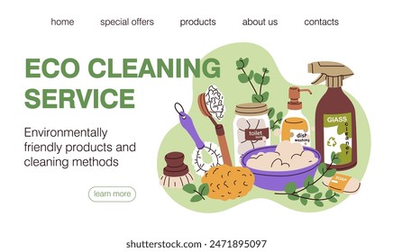 Eco cleaning service, web site with green organic cleaner products. Website design, ecological webpage background. Natural zero-waste supplies, online page template. Flat vector illustration