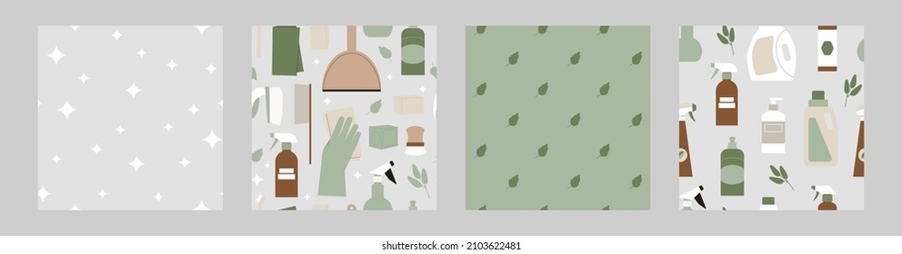 Eco cleaning supplies seamless pattern collection. Hands in gloves, brush and organic detergent bottles. Flat illustration of zero waste housekeeping products for professional cleanup.