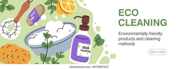Eco cleaning, web-site banner design. Zero-waste detergents, ecological household, website page background with organic natural domestic supplies. Sustainable products. Flat vector illustration