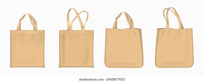 Vector de bolso de tela Eco. Maqueta de tela shopper. Bolso de algodón reutilizable con Plantilla de asa. Concepto realista aislado 3d maqueta en blanco de compras sobre fondo transparente uso para playa o tienda de comestibles