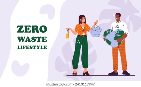 Afiche de ropa ecológica. Estilo de vida de basura cero. Me importa la naturaleza y la ecología. Mujer y hombre con globo. Activistas y voluntarios. Elemento gráfico para el sitio web. Dibujo vectorial plano de dibujos animados