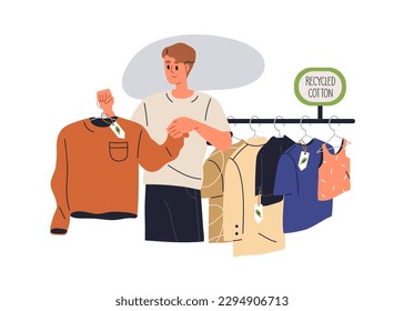 Eco clothes from recycled cotton fabric, zero waste textile, organic material. Sustainable slow fashion, conscious consumption, shopping concept. Flat vector illustration isolated on white background