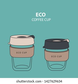 Eco coffee cup to go. Glass with cork. Flat design