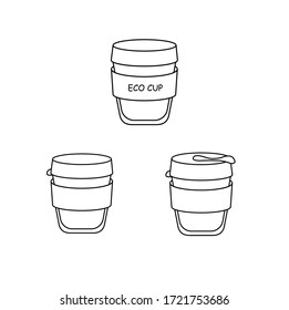 Eco Coffee Cup Take Away, Reusable Glass Simple Thin Line Icon Set Vector Illustration